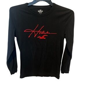 Men’s Hollister Sz XS Shirt Long Sleeve Black Red Lettering Cotton